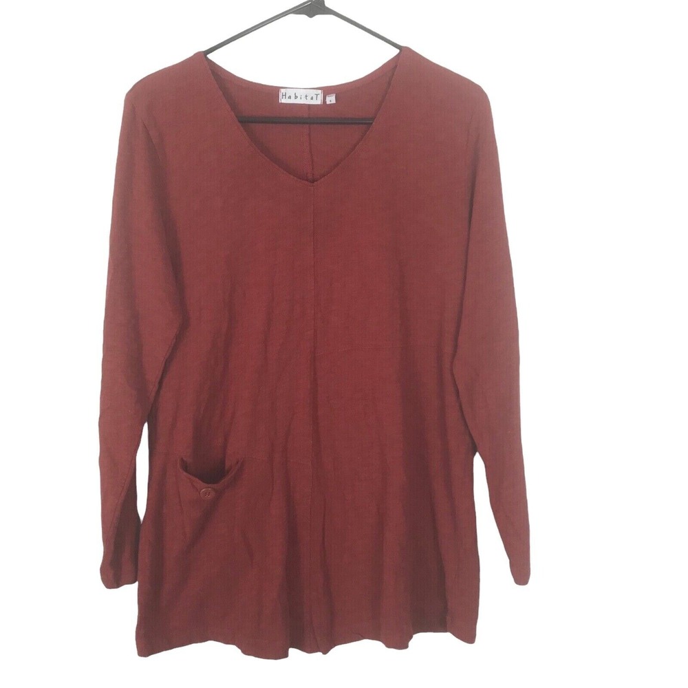 Habitat Womens Tunic Top Style 27229 100% Cotton Lagenlook Pocket Red V Neck S